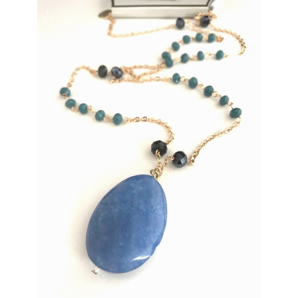 New Spring Street Necklace Semi Precious Blue Stone Crystal Beads Gold Tone - 8Y